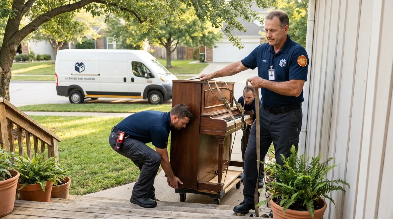Licensed piano movers securing grand piano in Warroad, MN