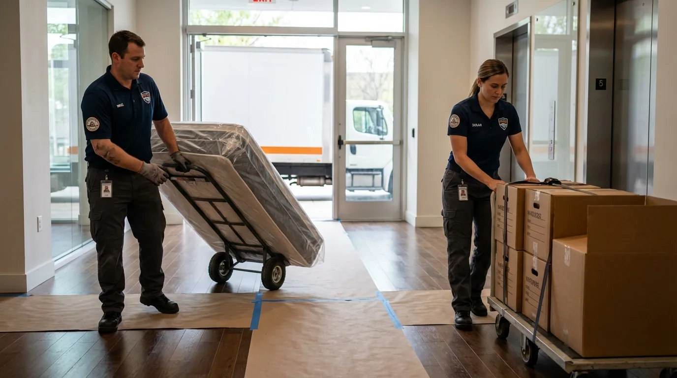 Professional apartment movers loading elevator in Warroad, MN