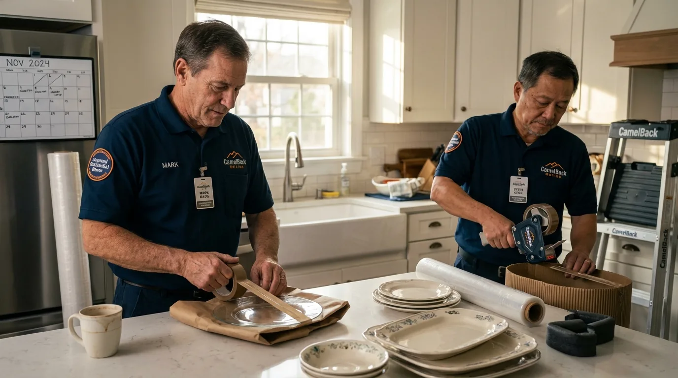 Professional crew packing kitchen dishware in Warroad, MN